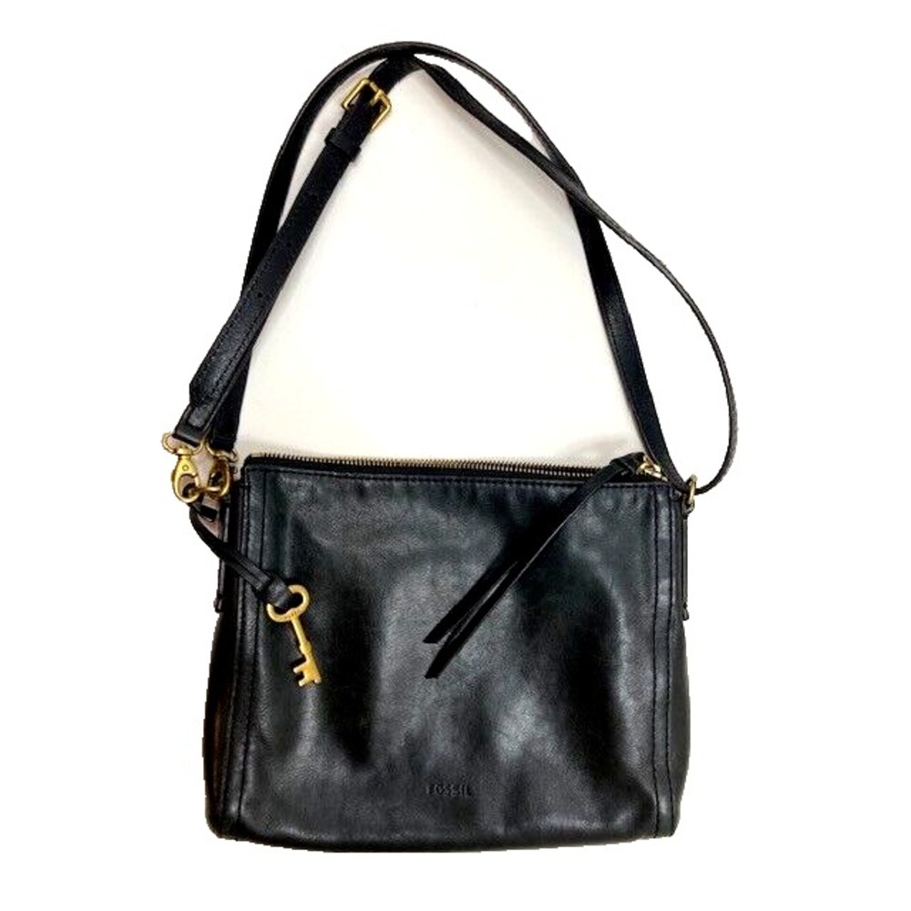 Fossil Emma EW Crossbody Bag Genuine Leather Black w/Gold Keychain pre-owned‎